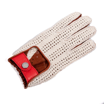 Men's cognac leather driving gloves with crochet top and red deerskin strap