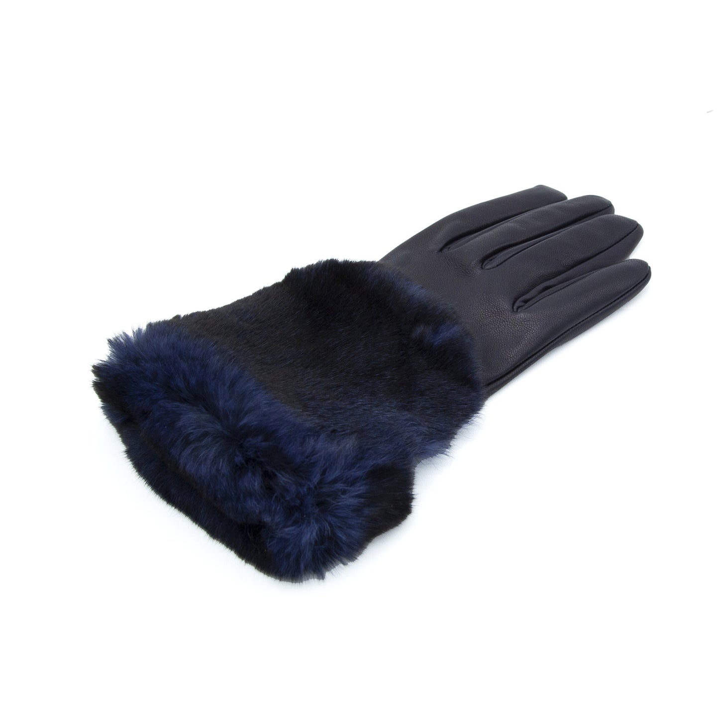 Women's blue nappa leather gloves with a wide real fur panel on the top and cashmere lined