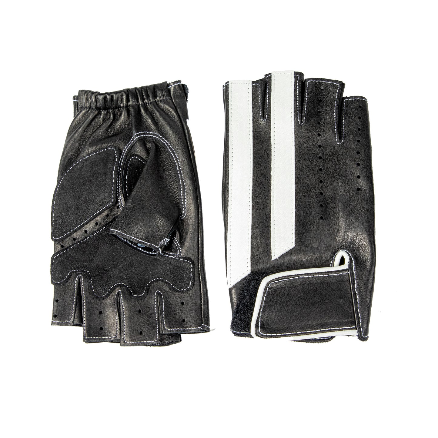 Men's unlined half fingers driving gloves in black nappa leather with white leather strips