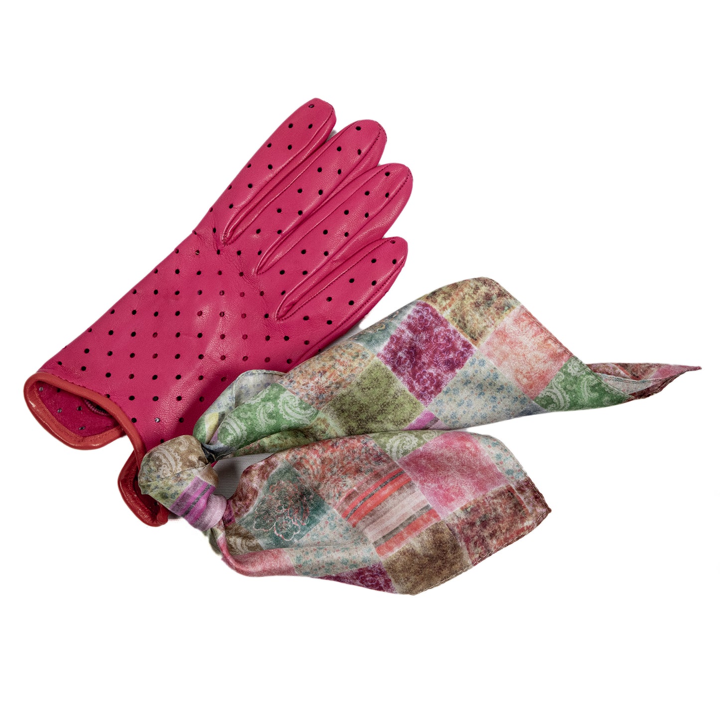 Women's unlined fucsia nappa leather gloves with perforated pois detail