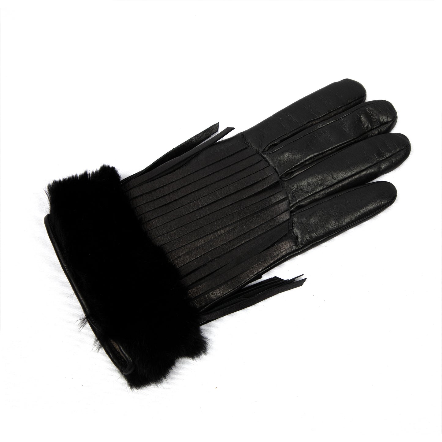 Women's black nappa leather gloves with fringe details and natural fur