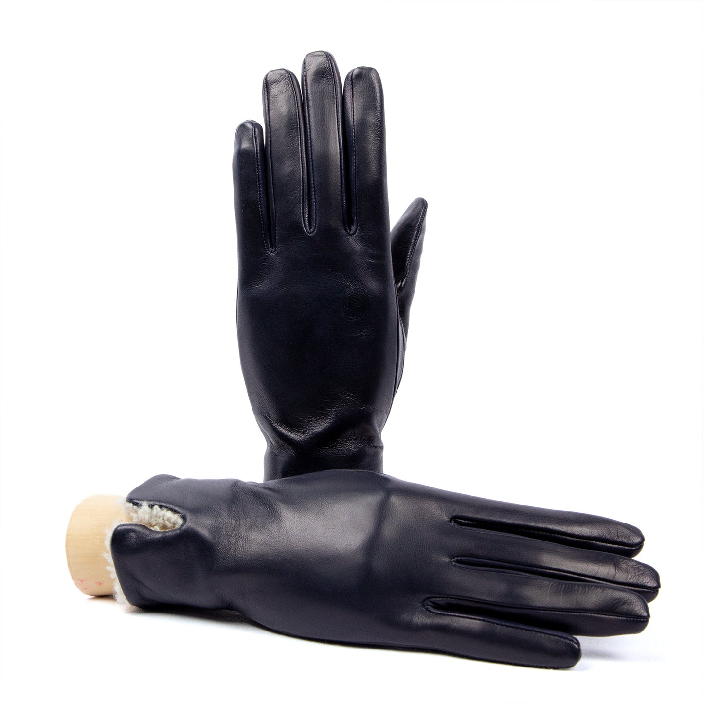 Women's blue nappa leather gloves with shearling cuff