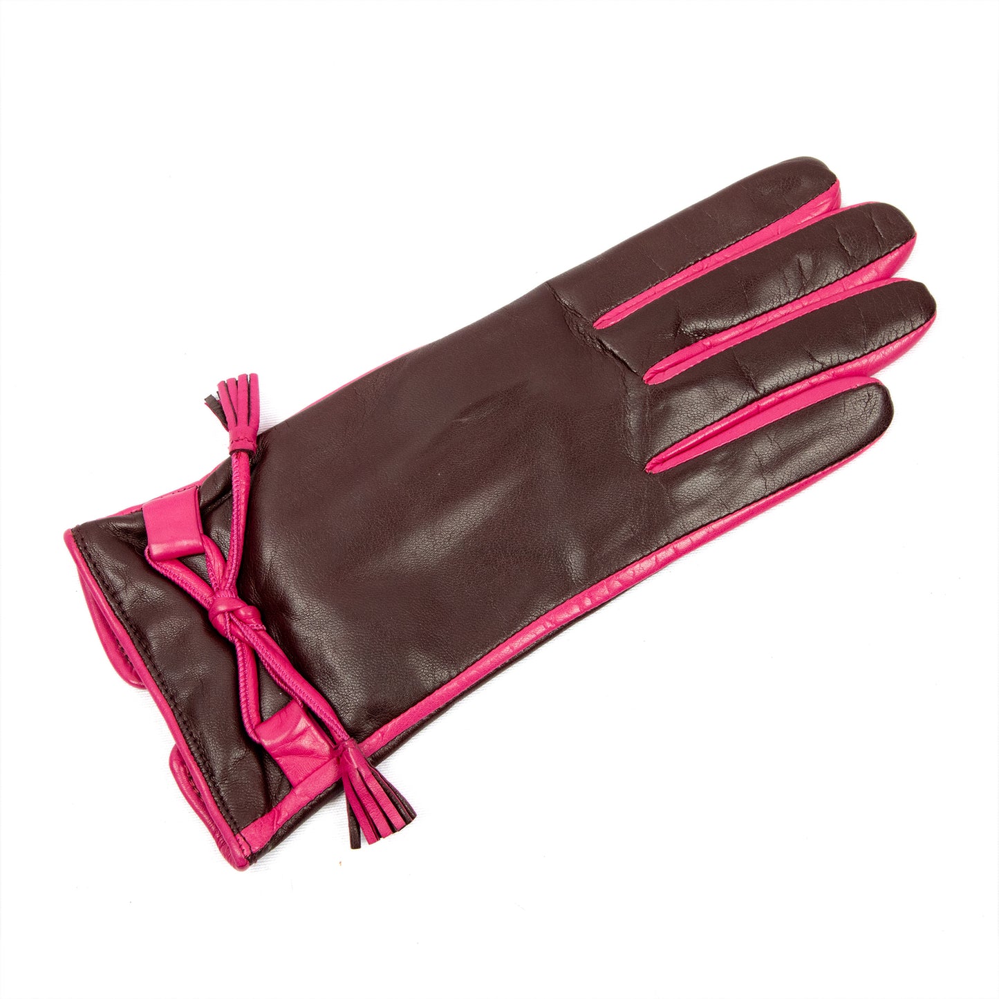 Women's burgundy nappa leather gloves with leather bow