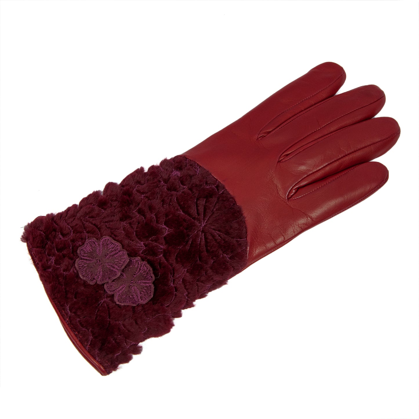 Women's burgundy nappa leather gloves with floral embroidered fur on top