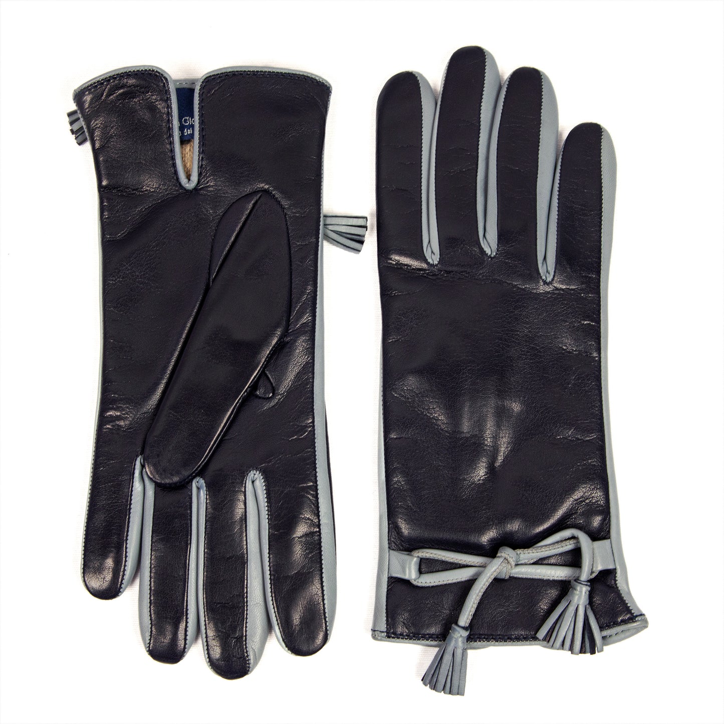 Women's blue nappa leather gloves with leather bow