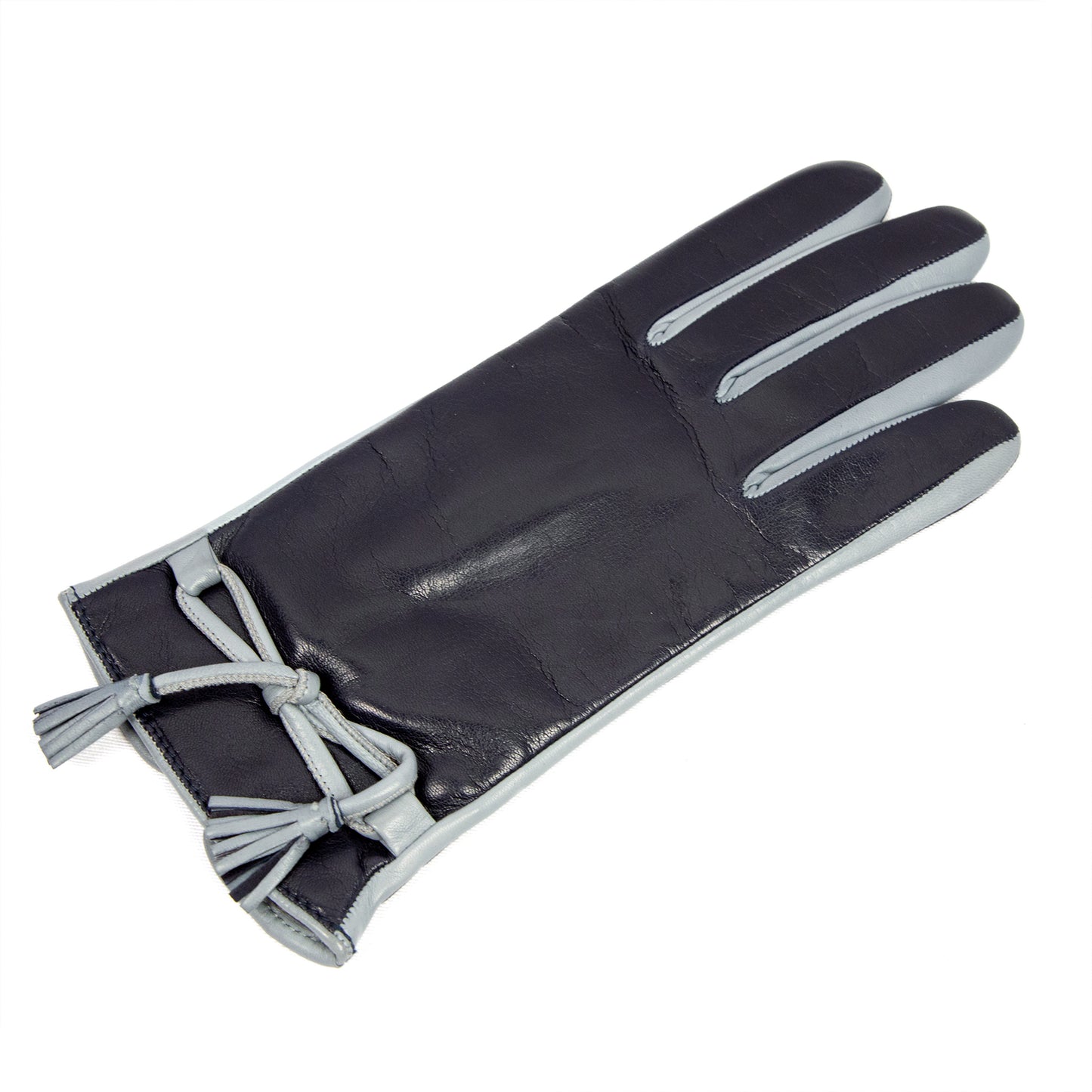 Women's blue nappa leather gloves with leather bow