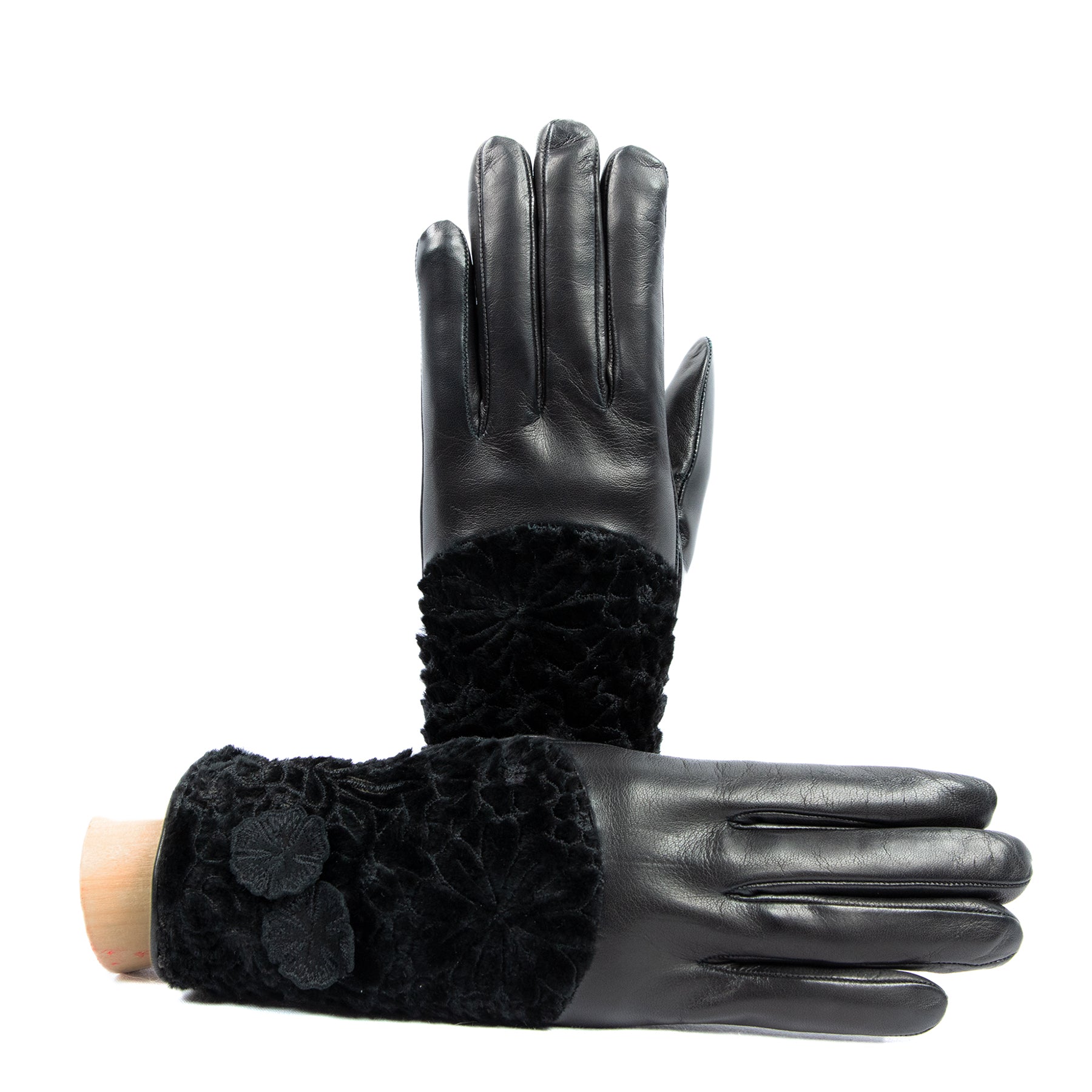 Guanti da donna in pelle nappa colore nero con pelliccia ricamata a fiori -  Gala Gloves