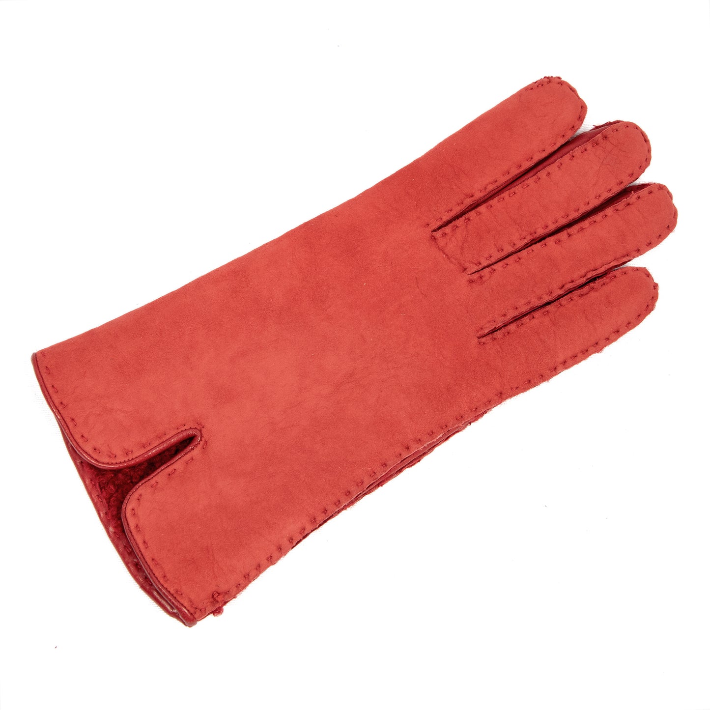 Women's red curly lambskin gloves with with nappa leather piping detail