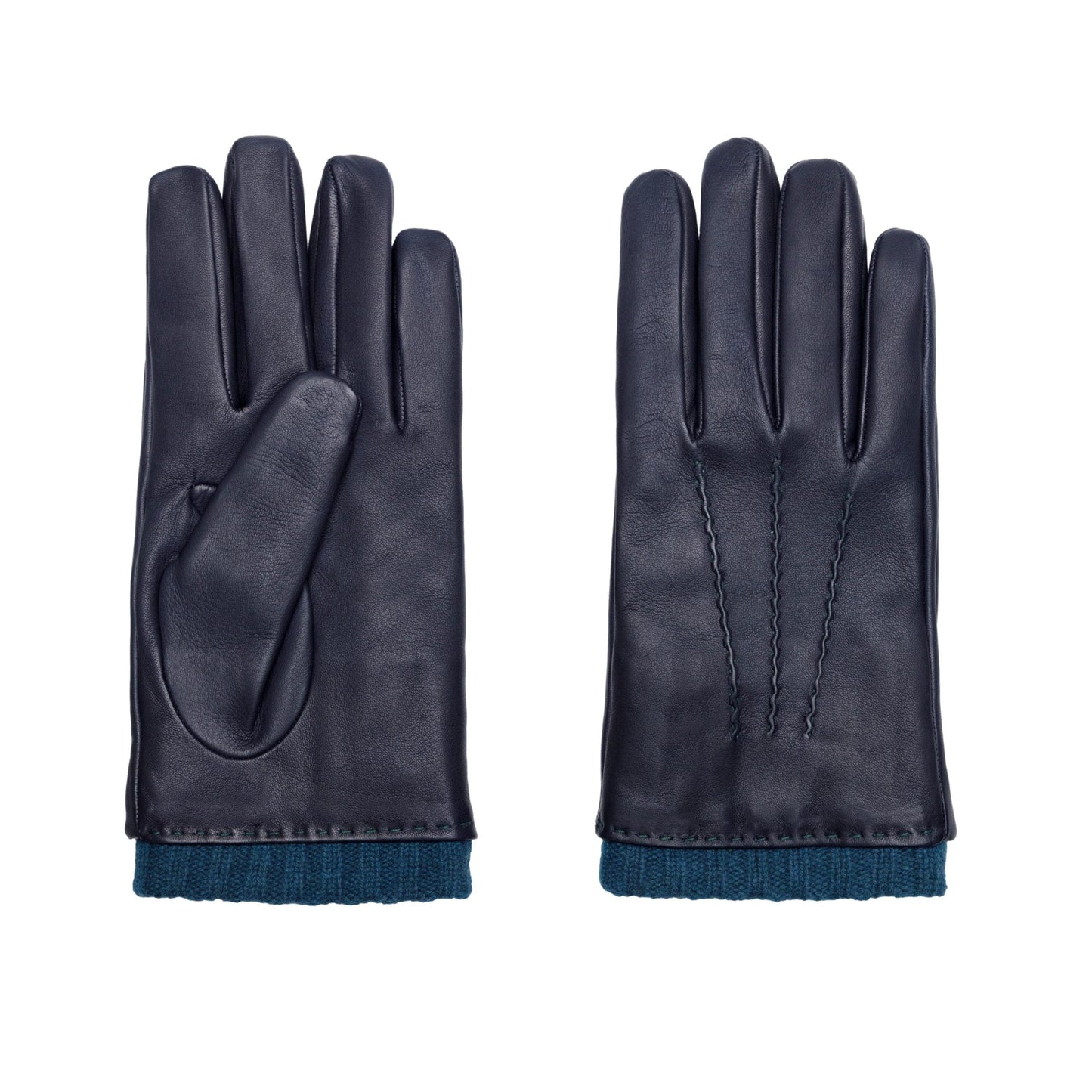 Men's metal blue free nappa leather gloves with natural rib cuff and cashmere lining