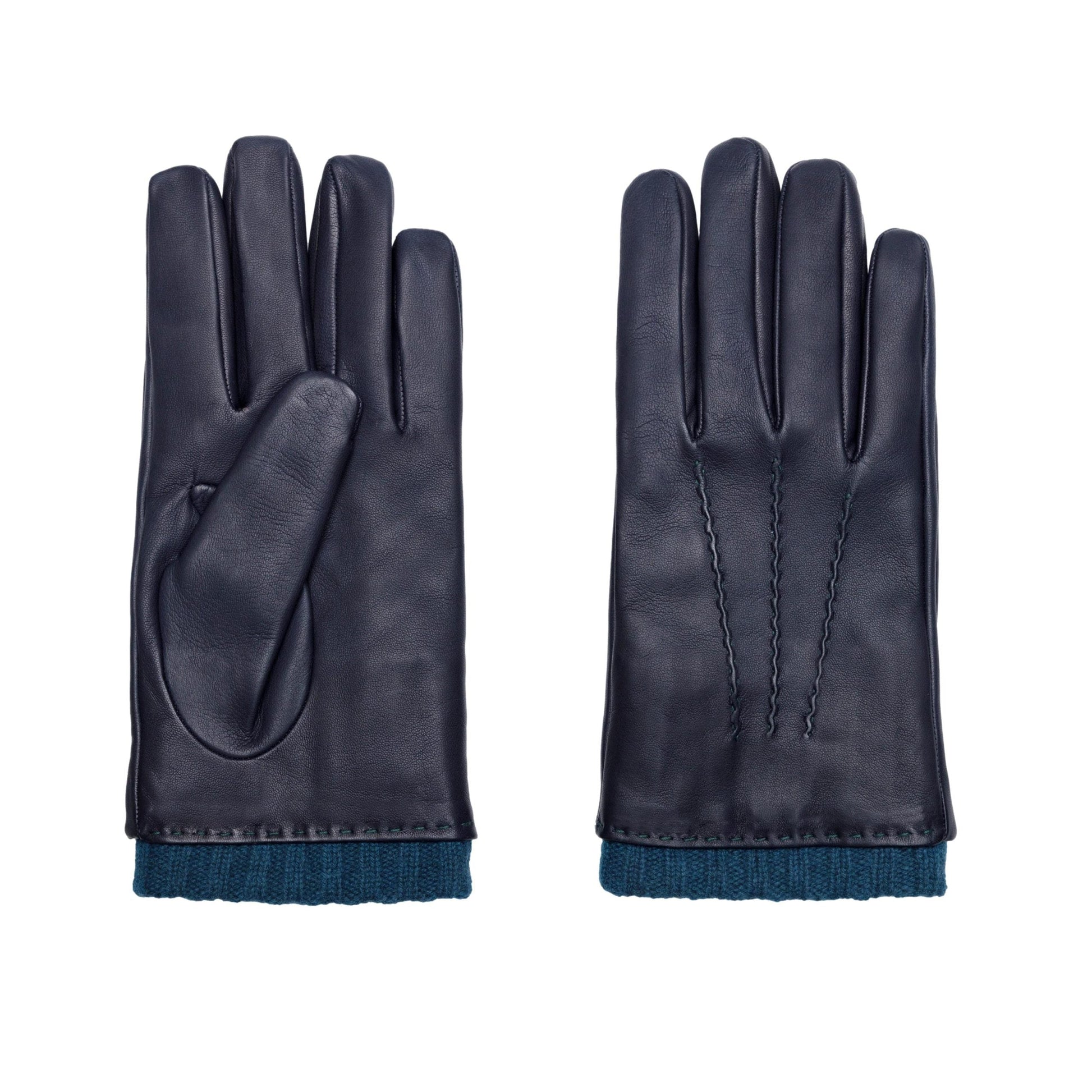 Men's metal blue free nappa leather gloves with natural rib cuff and cashmere lining