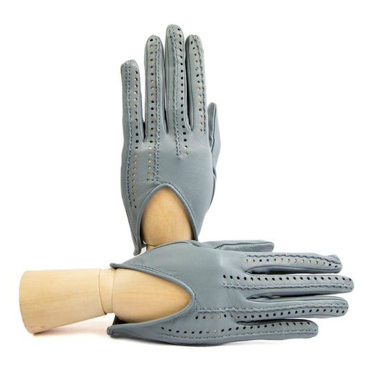 Women's gray nappa leather driving gloves with points on fingers and unlined