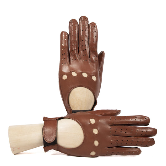 Women's unlined cognac leather gloves with strap closure