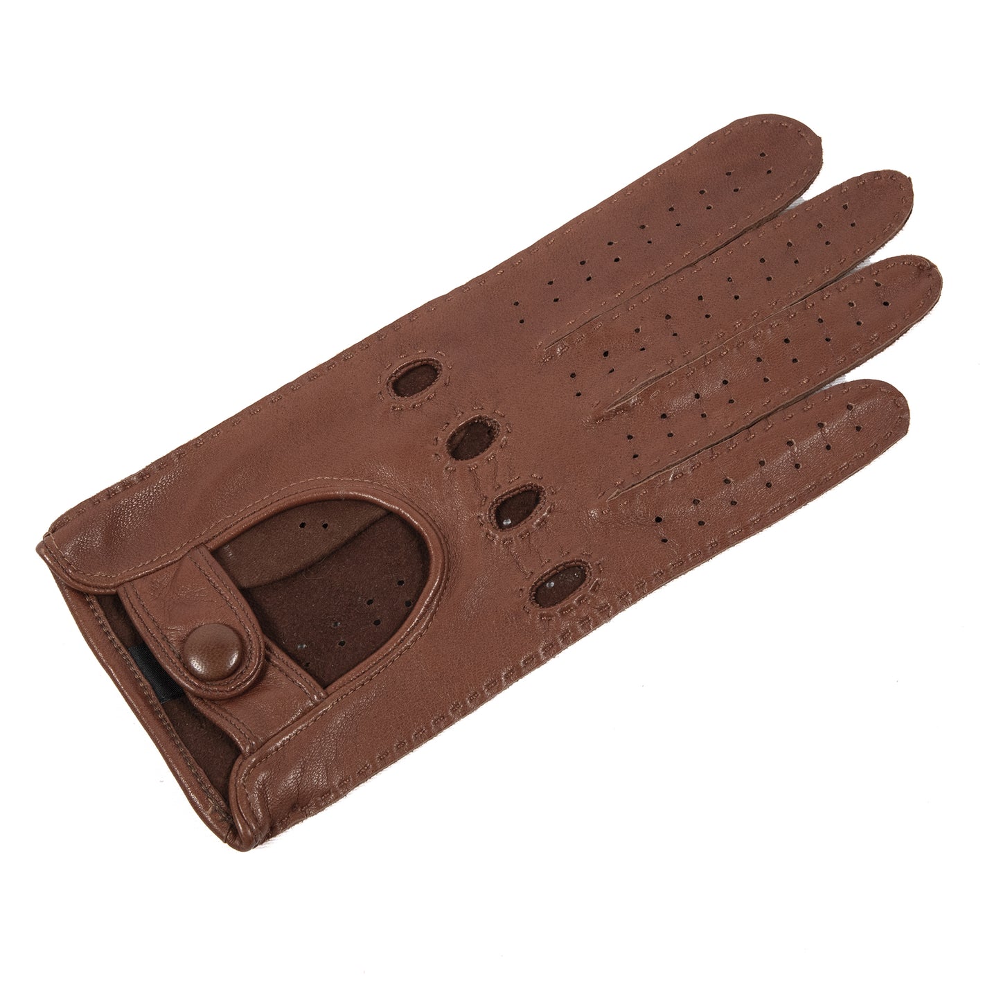 Women's unlined cognac leather gloves entirely hand-sewn with button closure