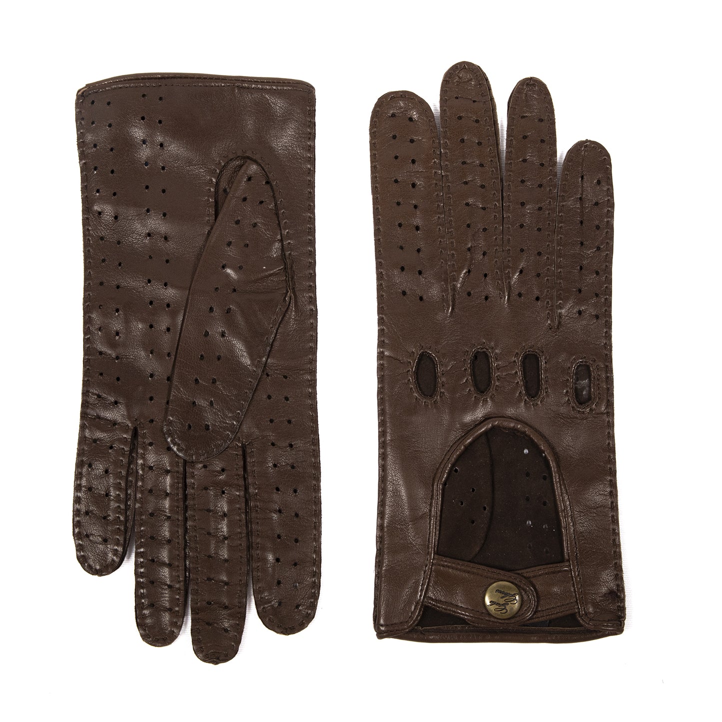 Women's unlined brown leather gloves entirely hand-sewn with button closure