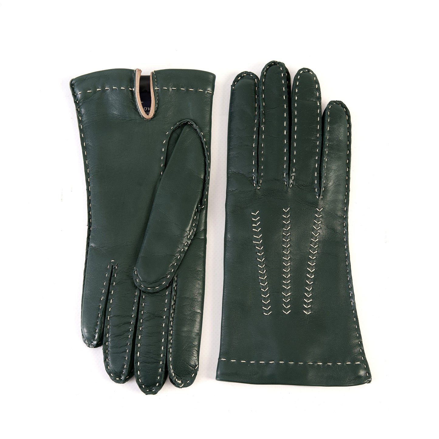 Women's classic dark green nappa leather gloves entirely hand-sewn with cashmere lining
