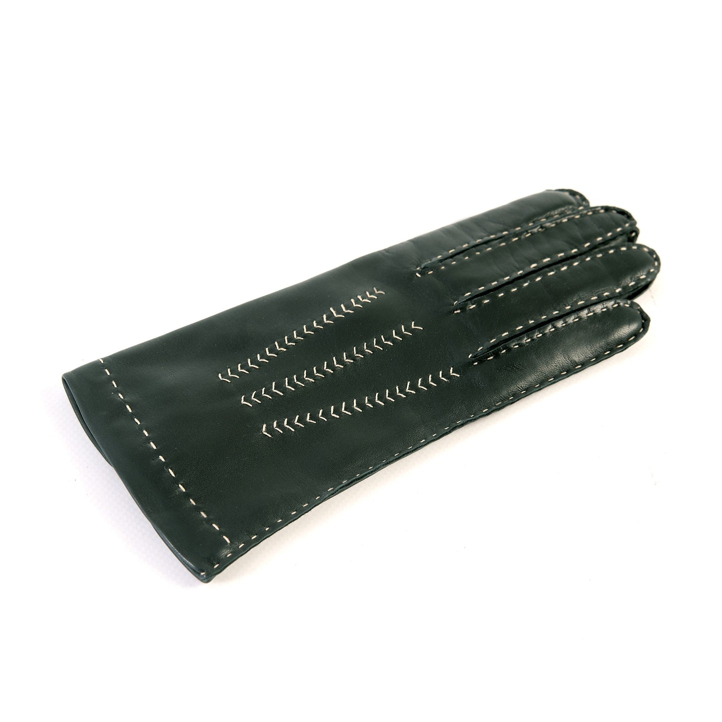 Women's classic dark green nappa leather gloves entirely hand-sewn with cashmere lining