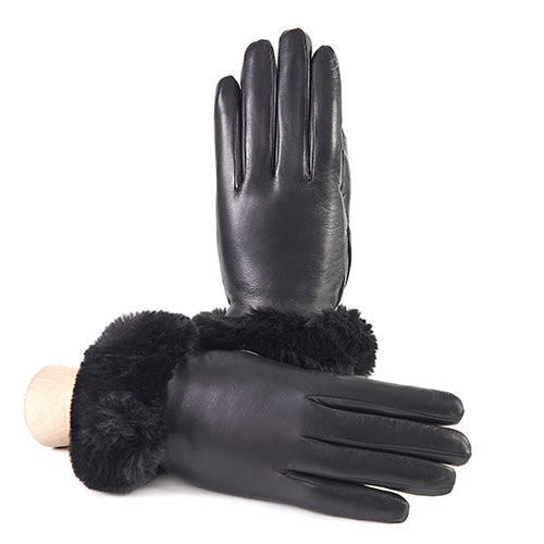 Women's black nappa leather gloves with faux fur