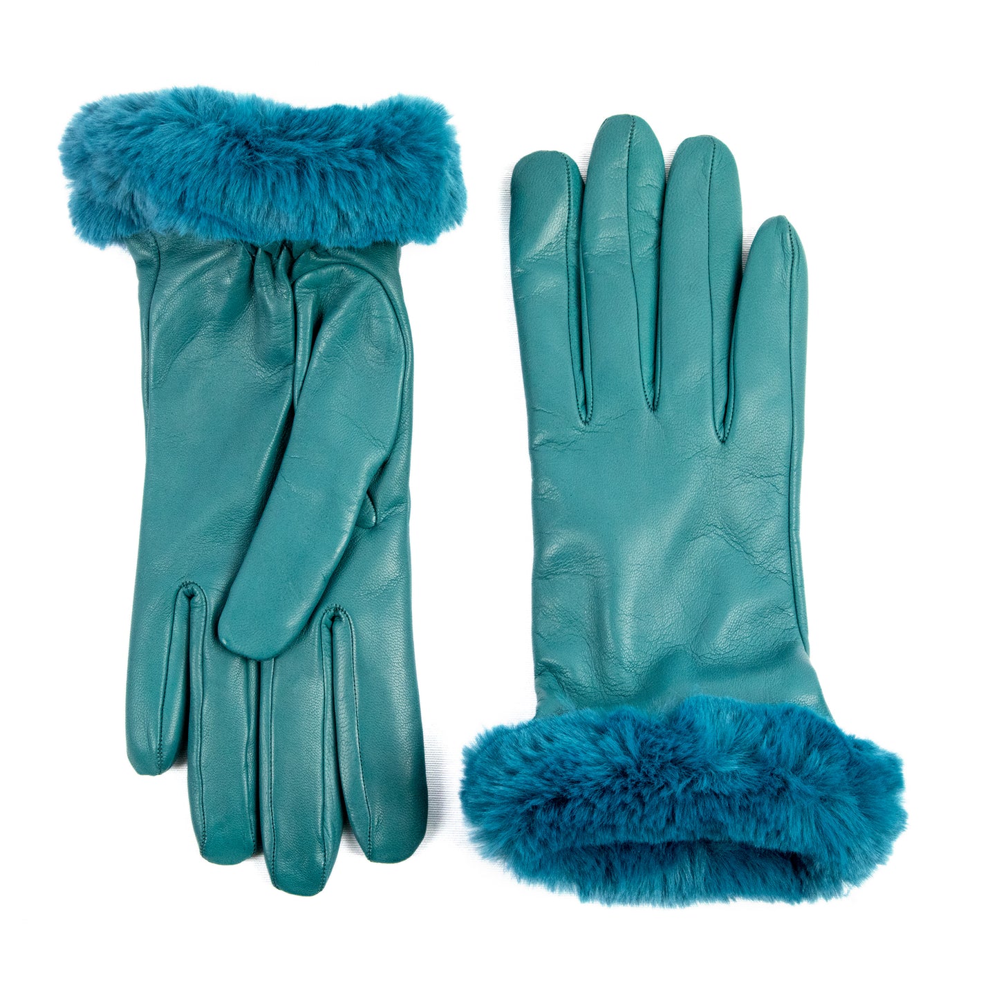 Guanti da donna in pelle nappa colore teal con pelliccia finta