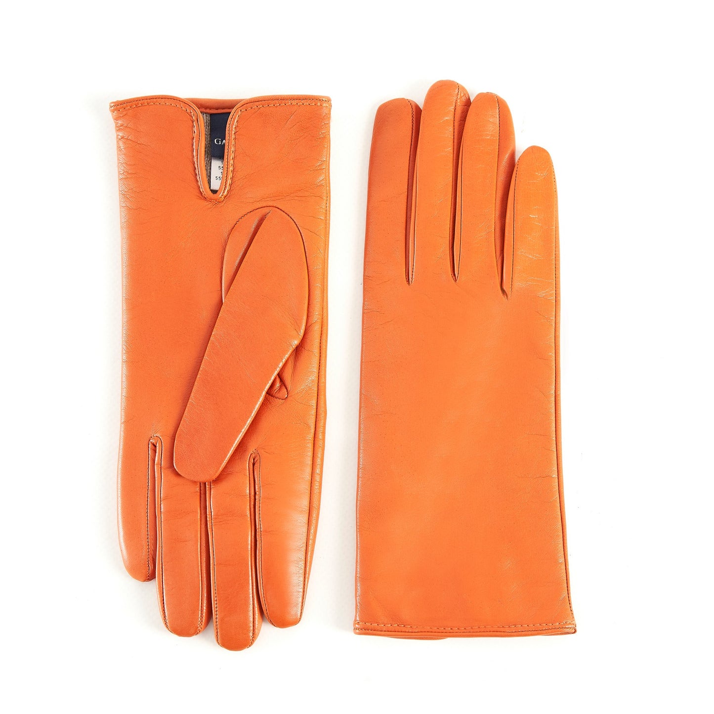 Women’s basic orange soft nappa leather gloves with palm opening and mix cashmere lining