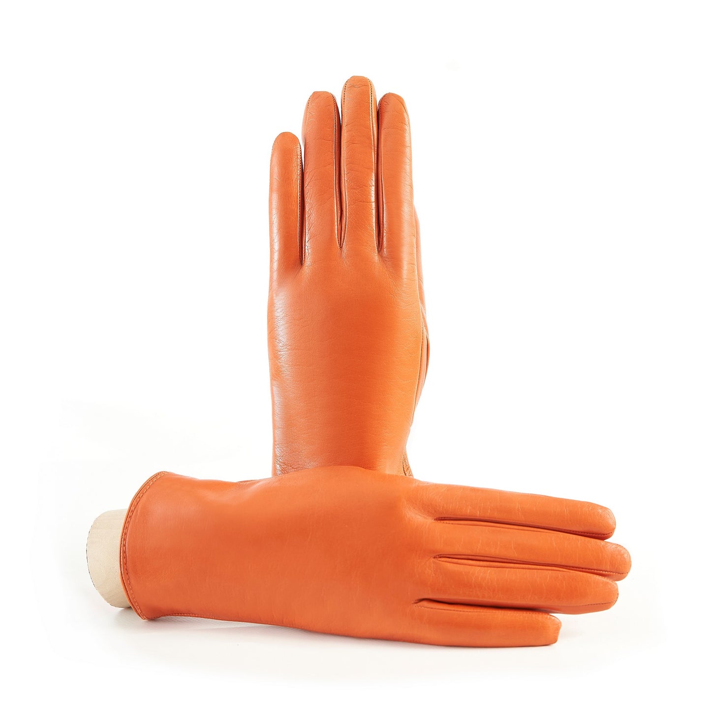 Women’s basic orange soft nappa leather gloves with palm opening and mix cashmere lining