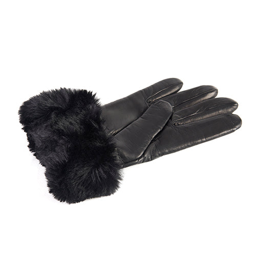 Women's black nappa leather gloves with faux fur
