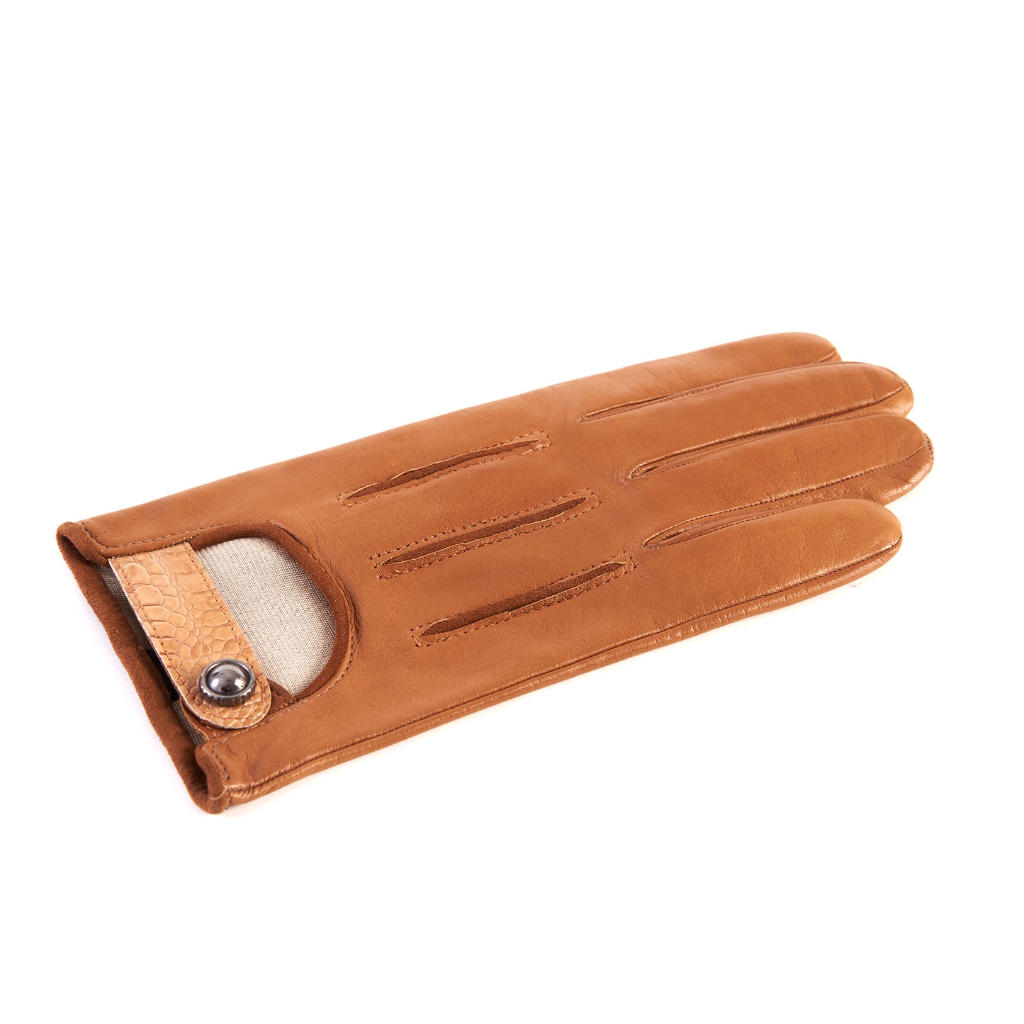 Men's soft nappa camel leather gloves with suede details with strap and silk lining