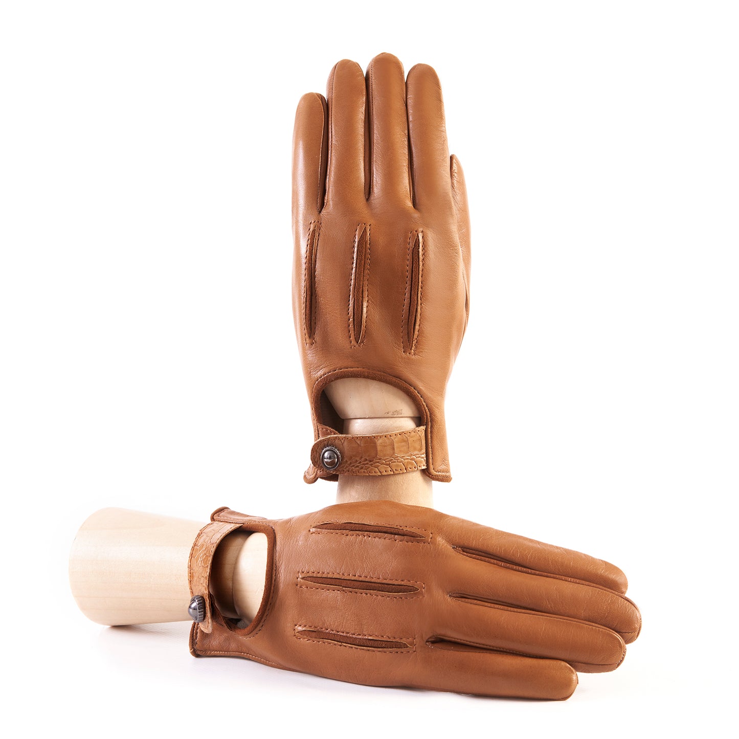 Men's soft nappa camel leather gloves with suede details with strap and silk lining