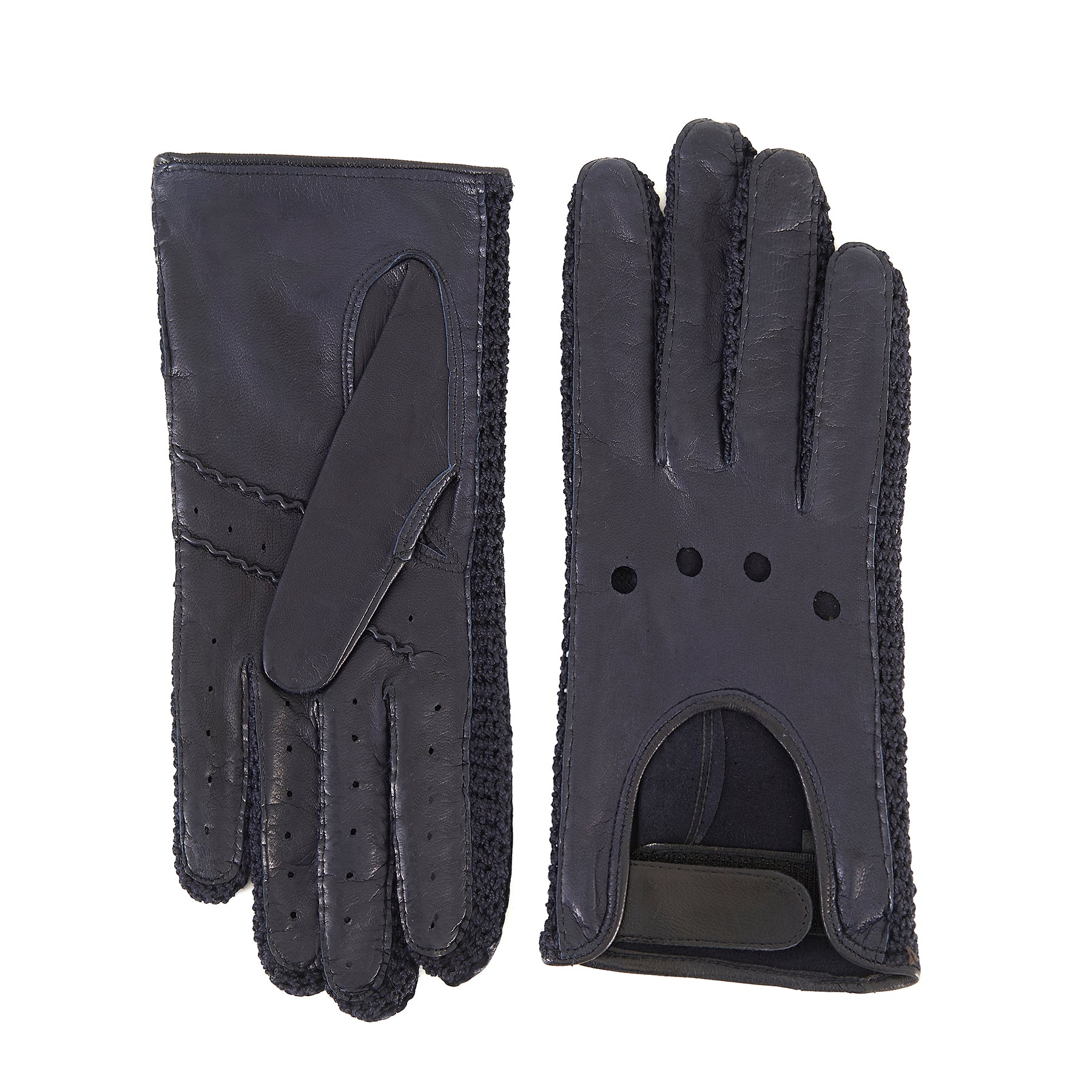 Women's driving gloves in blue navy nappa leather with holes on the knuckles and crochet finger inserts
