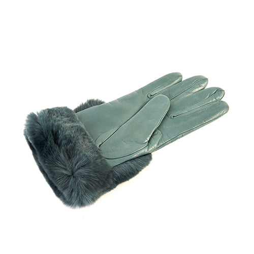 Women's green nappa leather gloves with a real fur panel on the top and cashmere lined