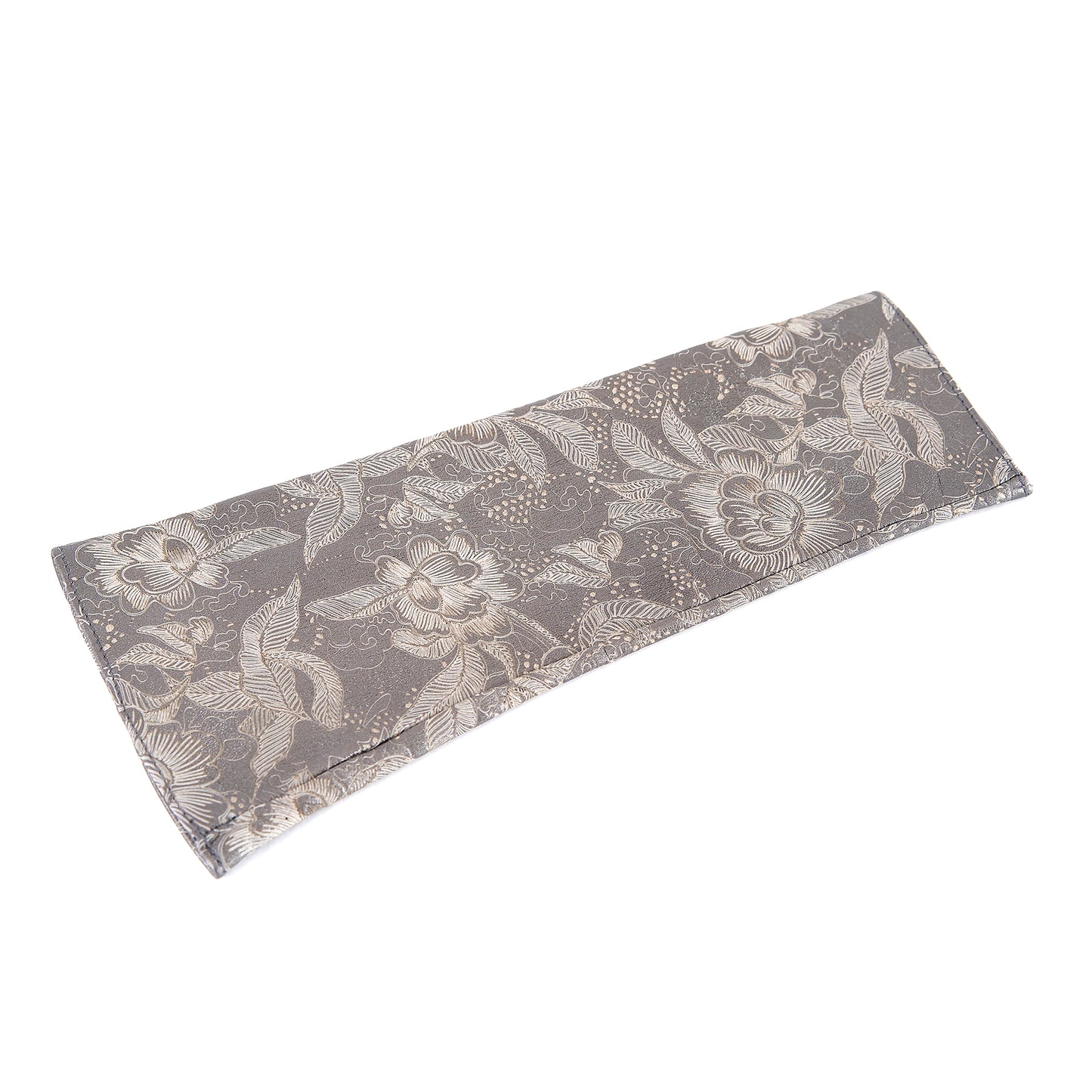 Women's fingerless printed metallic silver grey leather gloves with silk lining