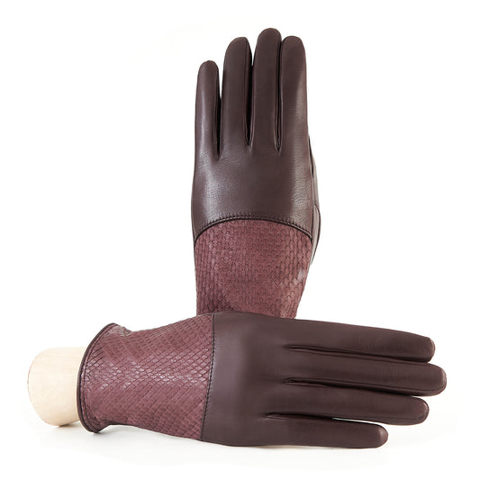 Ladies' bordeaux nappa leather gloves with water reptile top silk lined