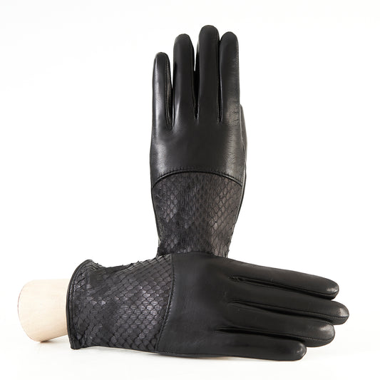 Ladies' black nappa leather gloves with water reptile top silk lined