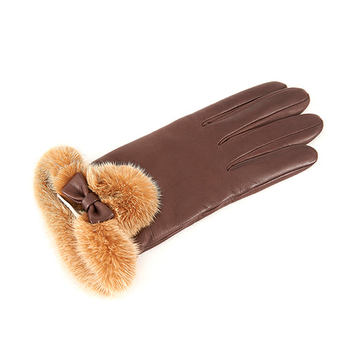 Women's brown nappa leather gloves with a real fur cuff and cashmere lined