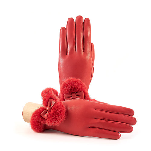 Women's red nappa leather gloves with a real fur cuff and cashmere lined