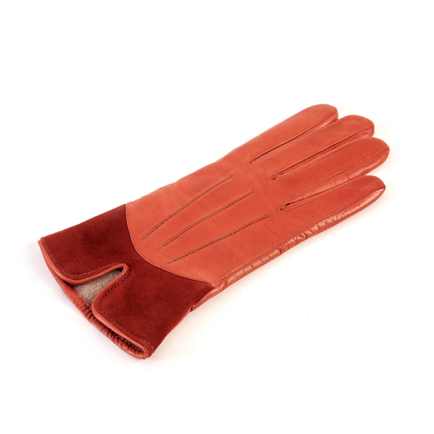 Women's orange nappa leather gloves with suede panel insert on top cashmere lined