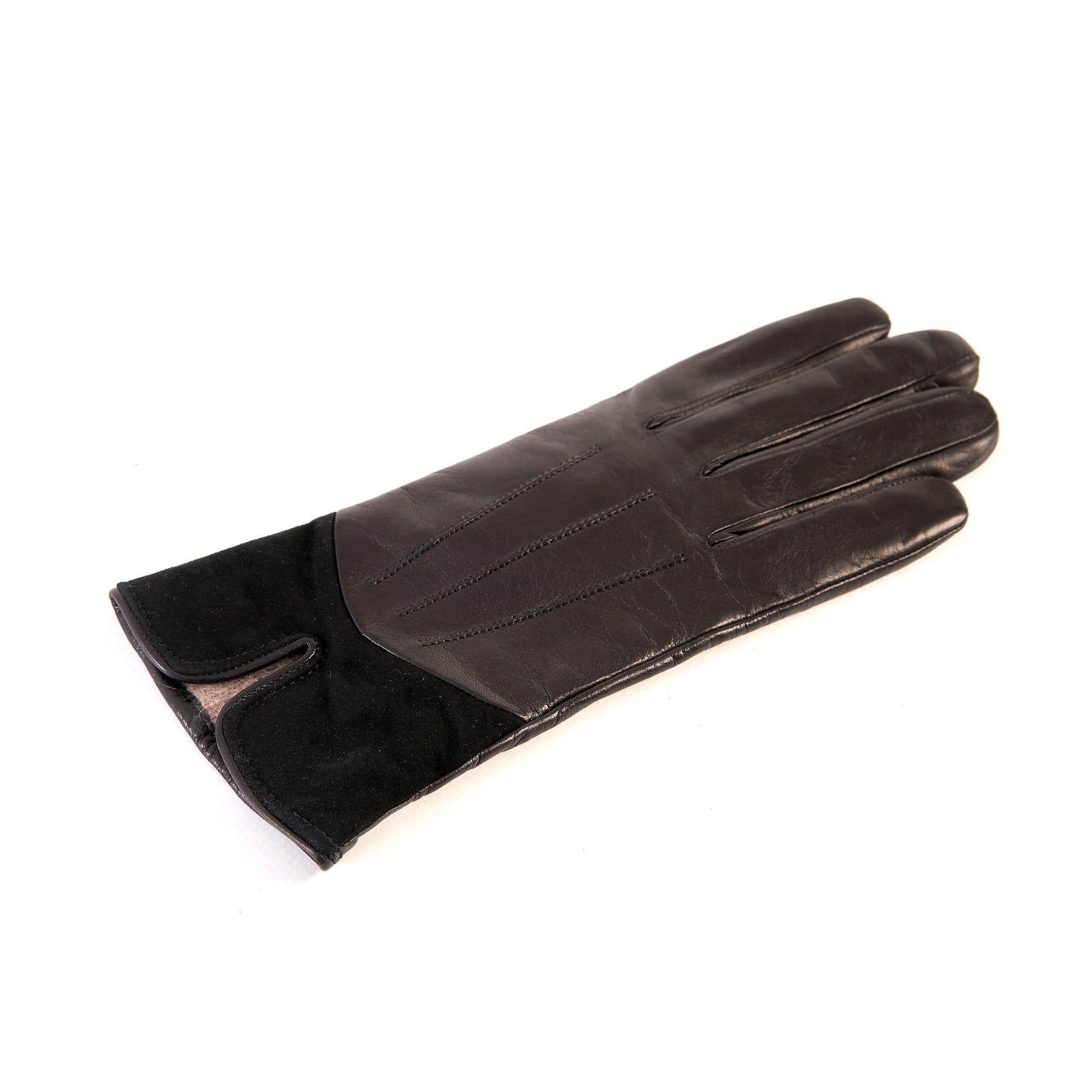 Women's black nappa leather gloves with suede panel insert on top cashmere lined