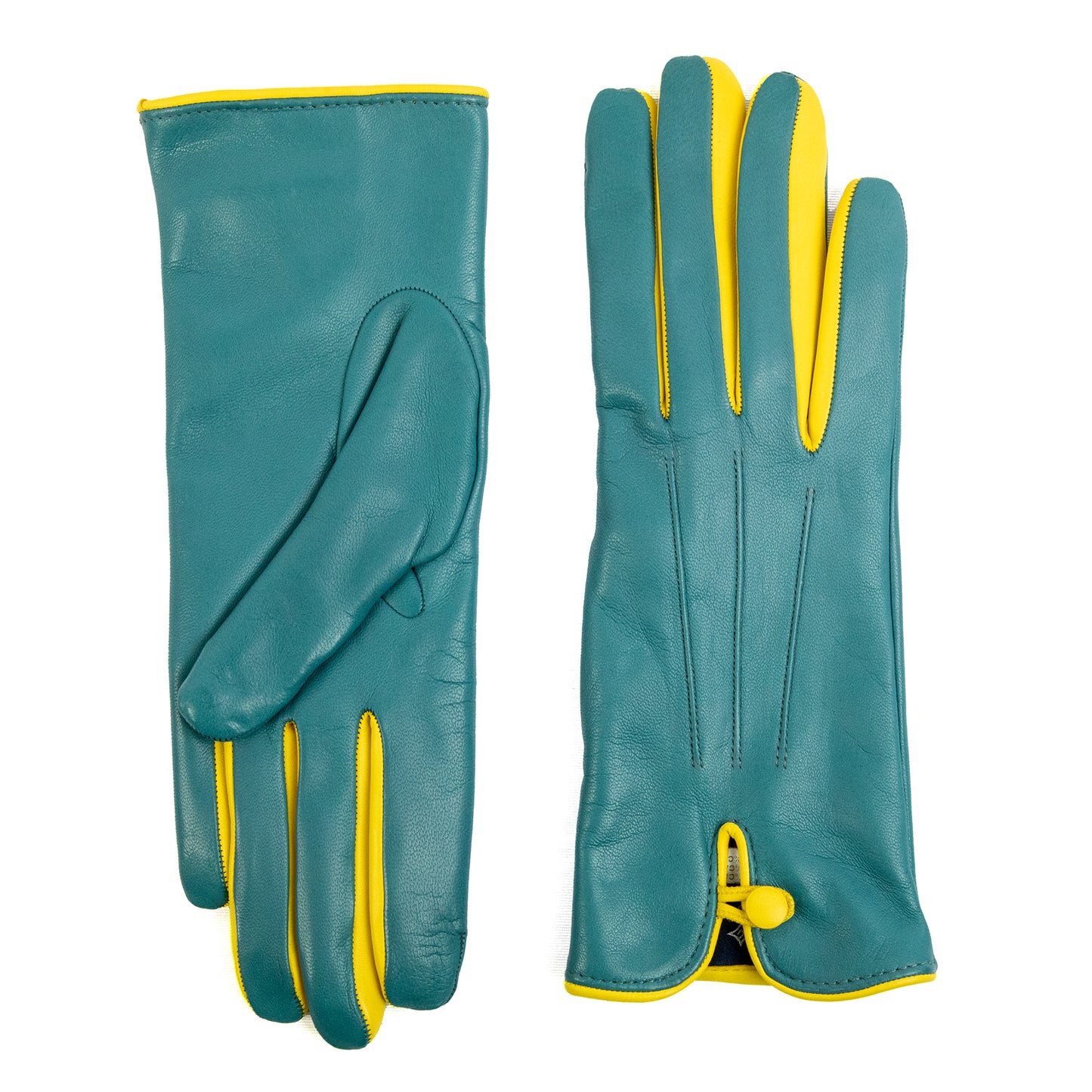Women's teal nappa leather gloves with button and cashmere lining