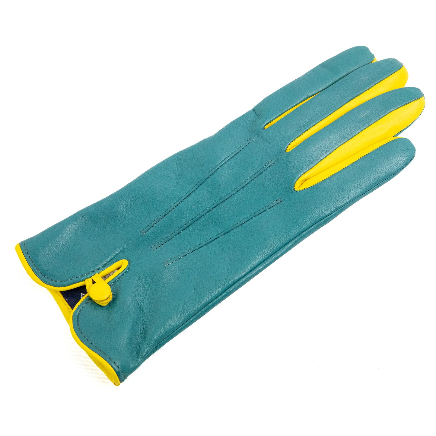 Women's teal nappa leather gloves with button and cashmere lining