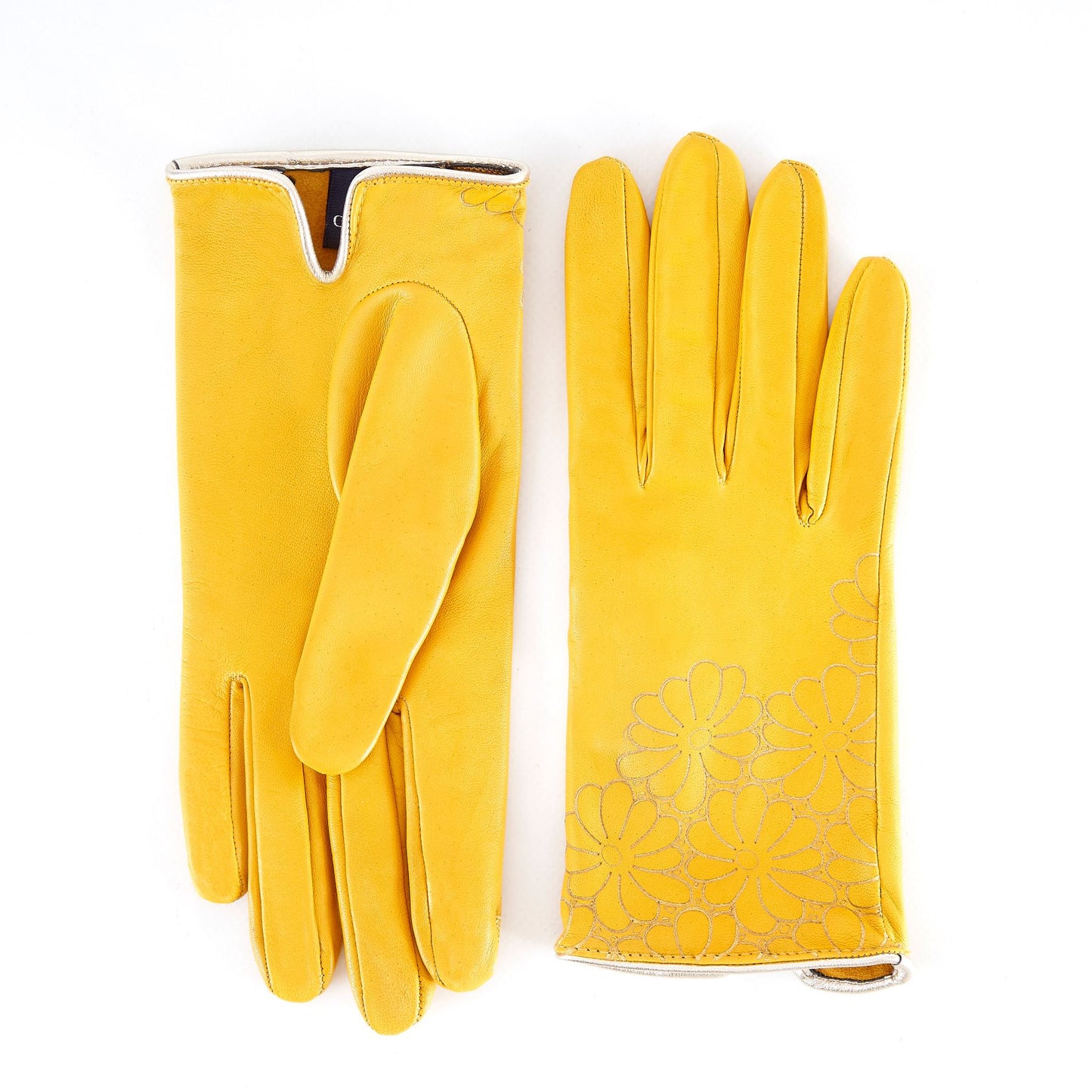 Women's unlined yellow nappa leather gloves with floral detail