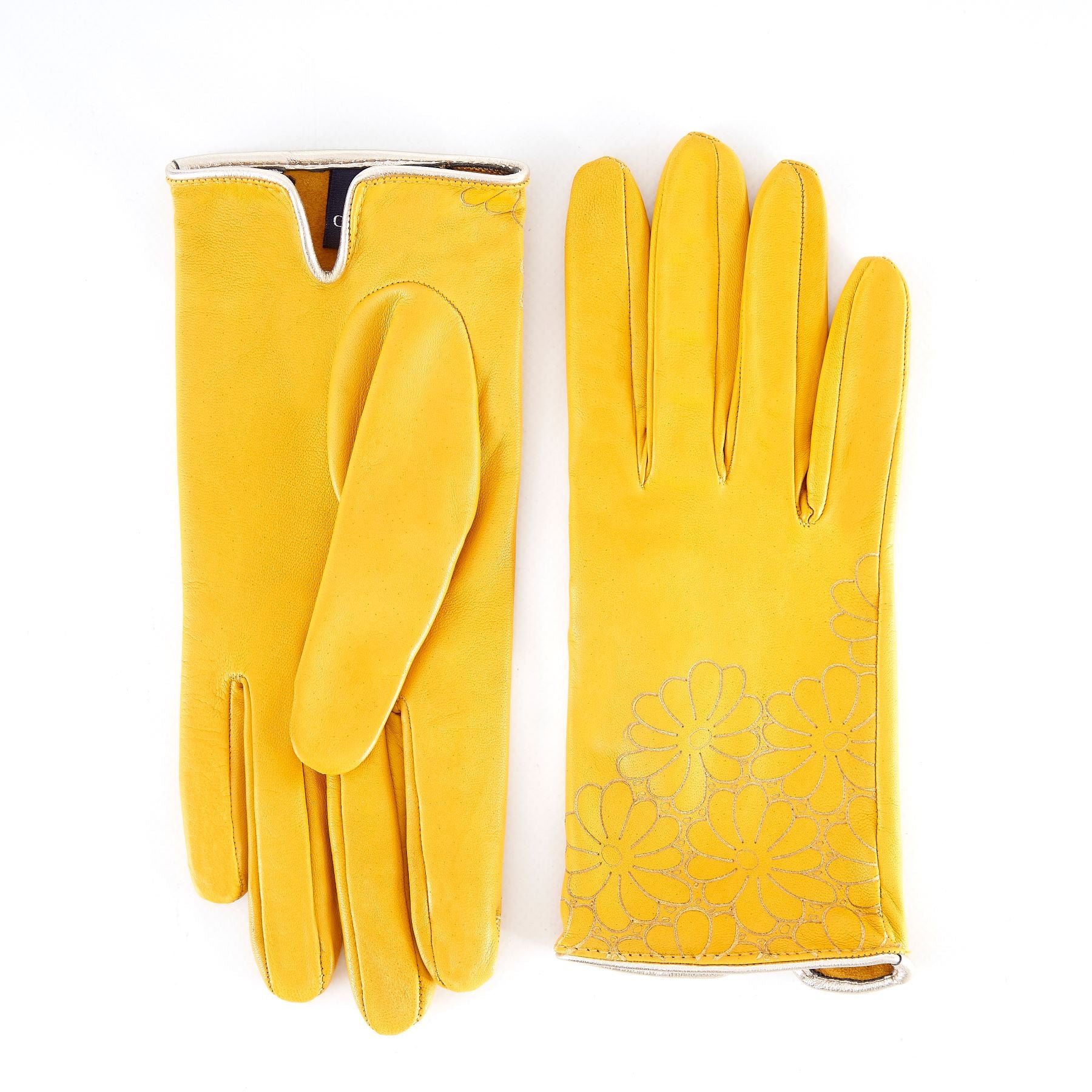 Women's unlined yellow nappa leather gloves with floral detail