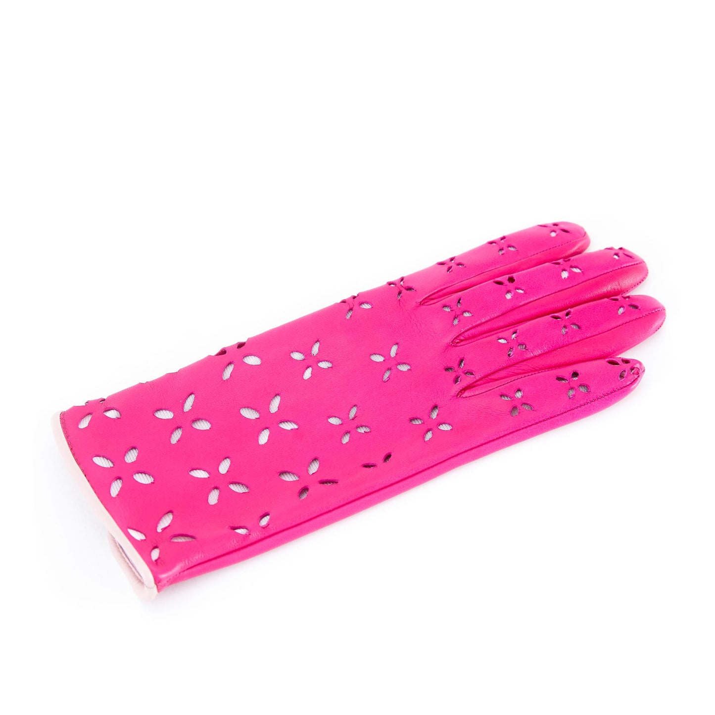 Women's pink nappa leather gloves with laser cut petals detail and polyamide lining