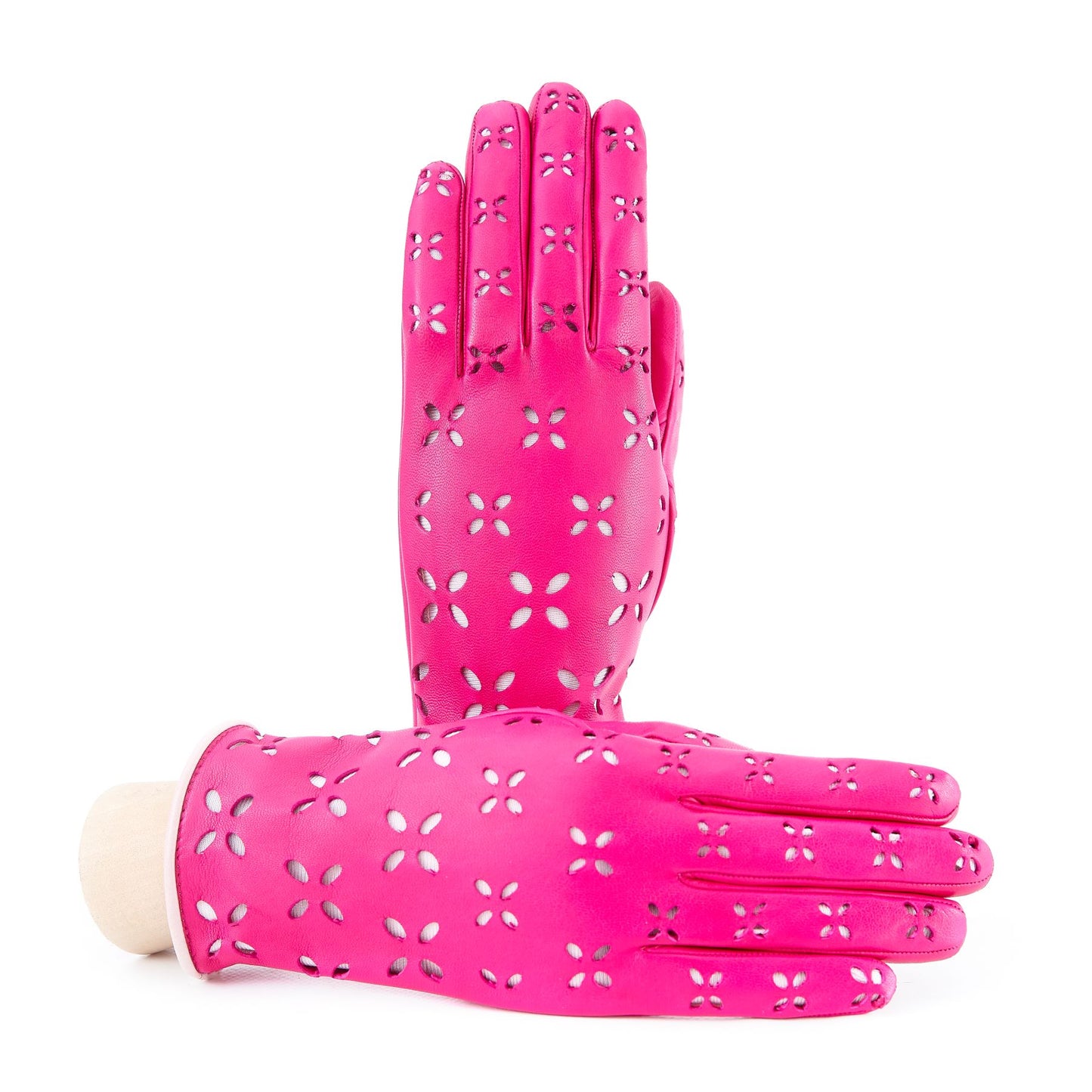 Women's pink nappa leather gloves with laser cut petals detail and polyamide lining
