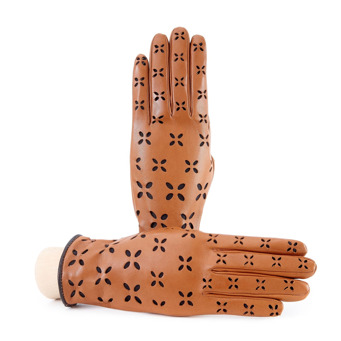 Women's camel nappa leather gloves with laser cut petals detail and polyamide lining