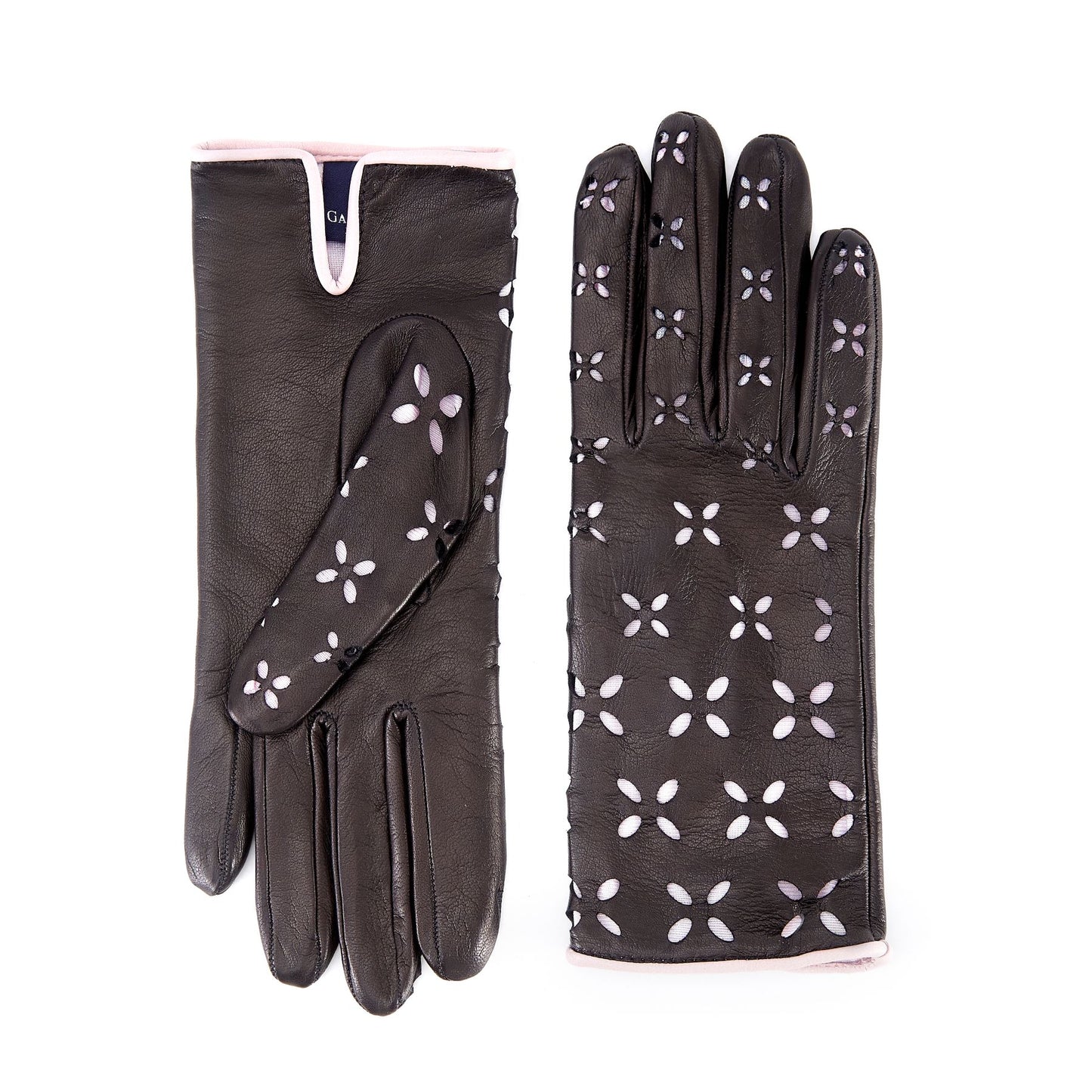 Women's black nappa leather gloves with laser cut petals detail and polyamide lining