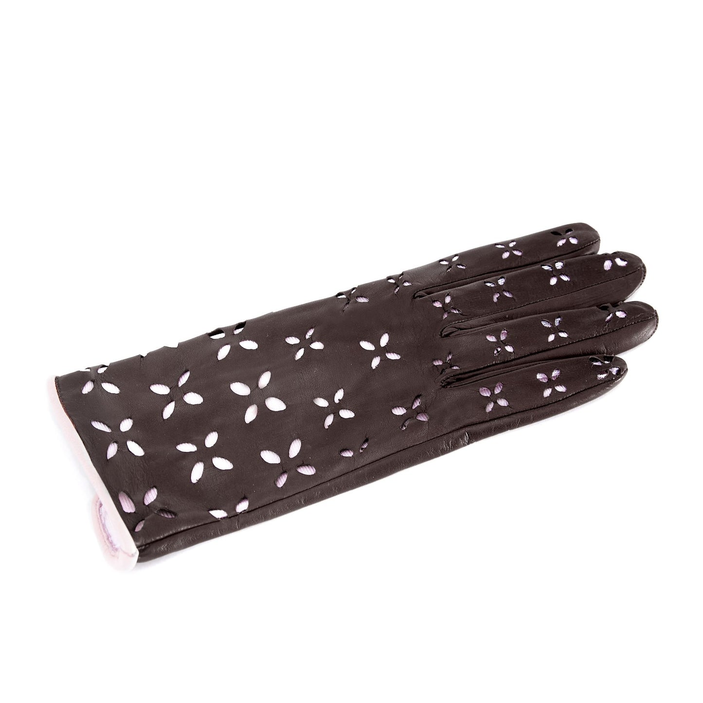 Women's black nappa leather gloves with laser cut petals detail and polyamide lining