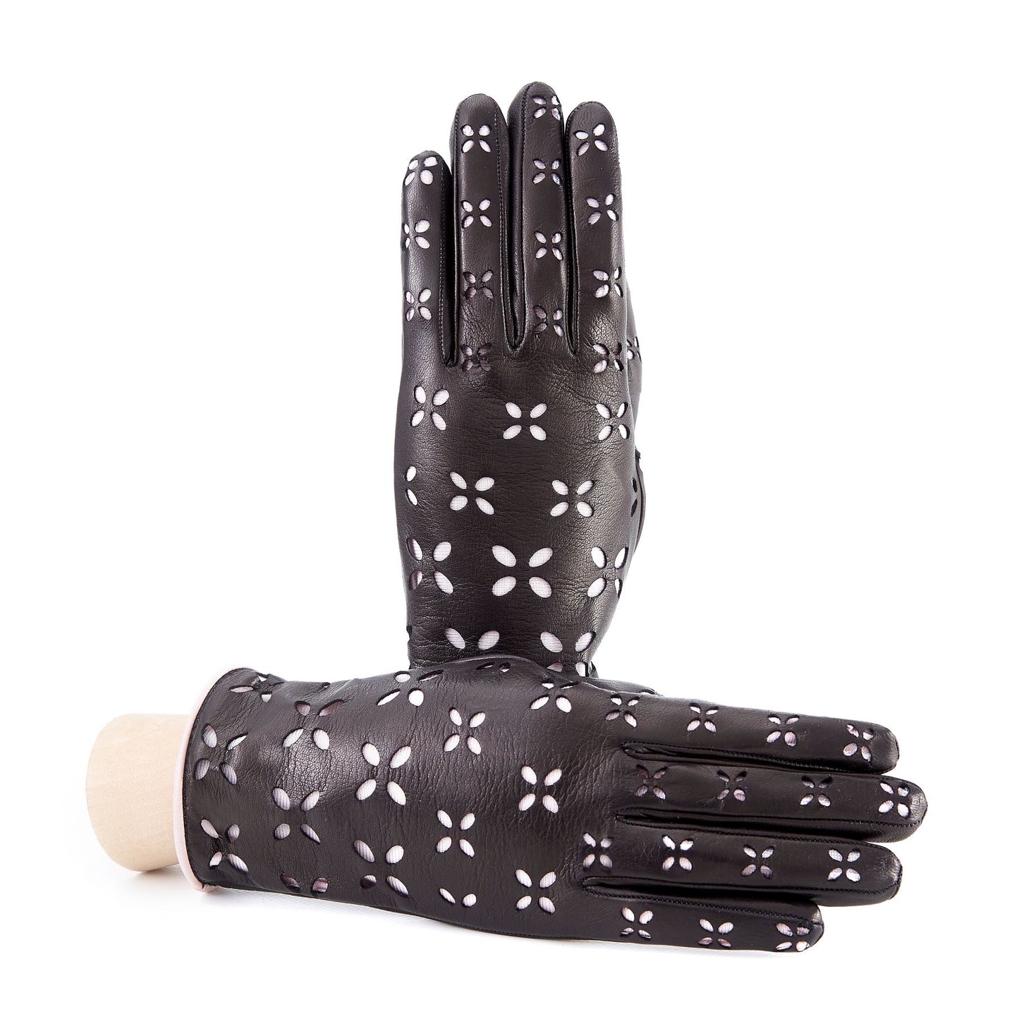 Women's black nappa leather gloves with laser cut petals detail and polyamide lining