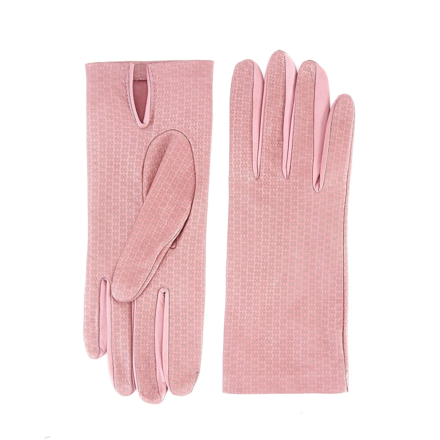 Women's unlined pink nappa leather gloves with all over laser cut detail