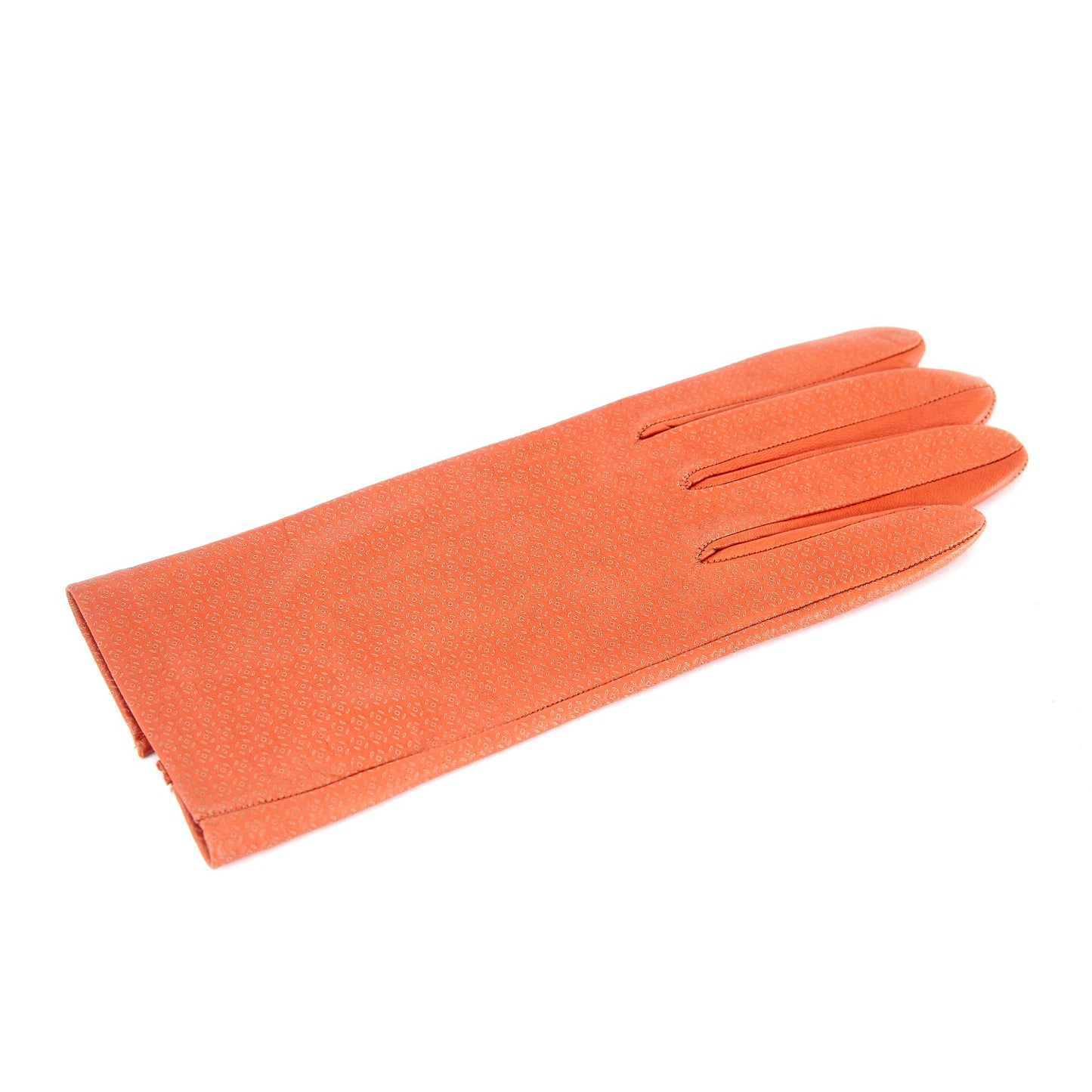 Women's unlined orange nappa leather gloves with all over laser cut detail