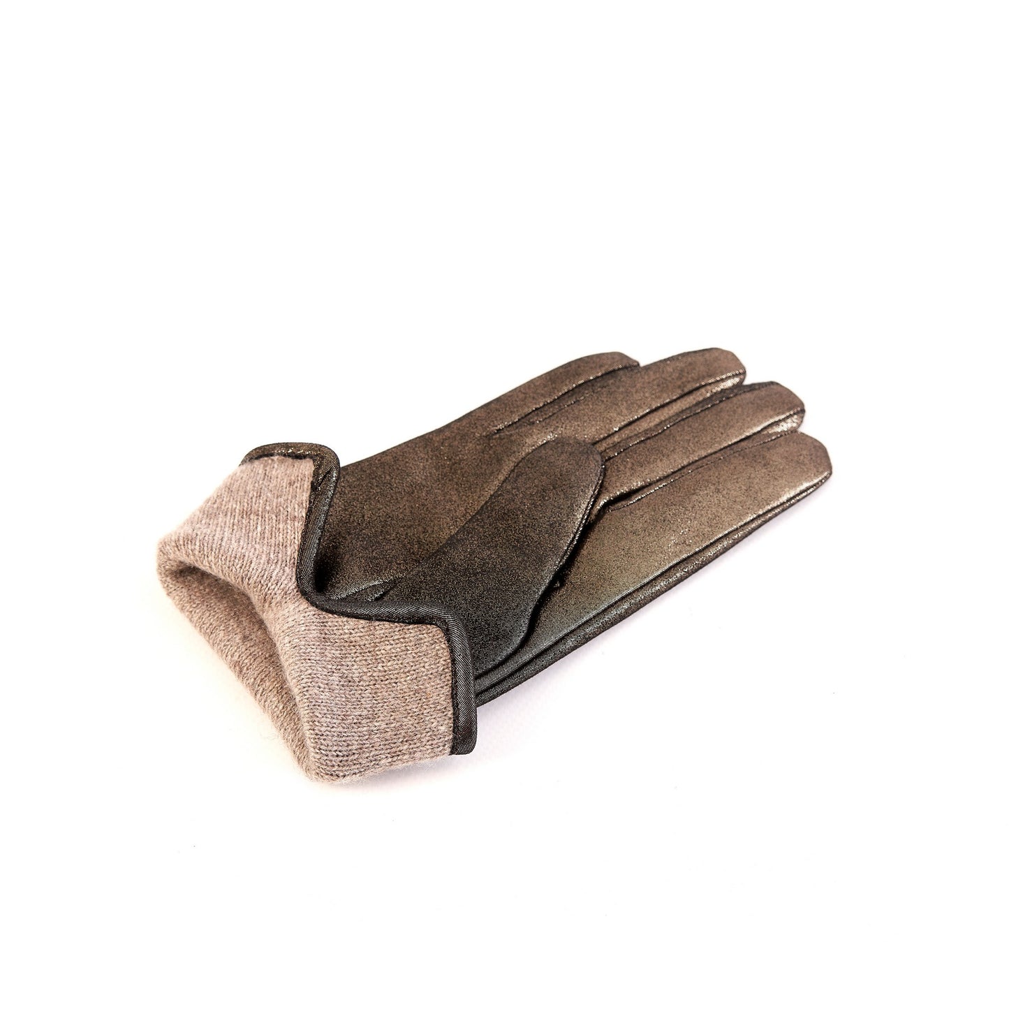 Women’s basic gold soft laminated suede leather gloves with palm opening and mix cashmere lining