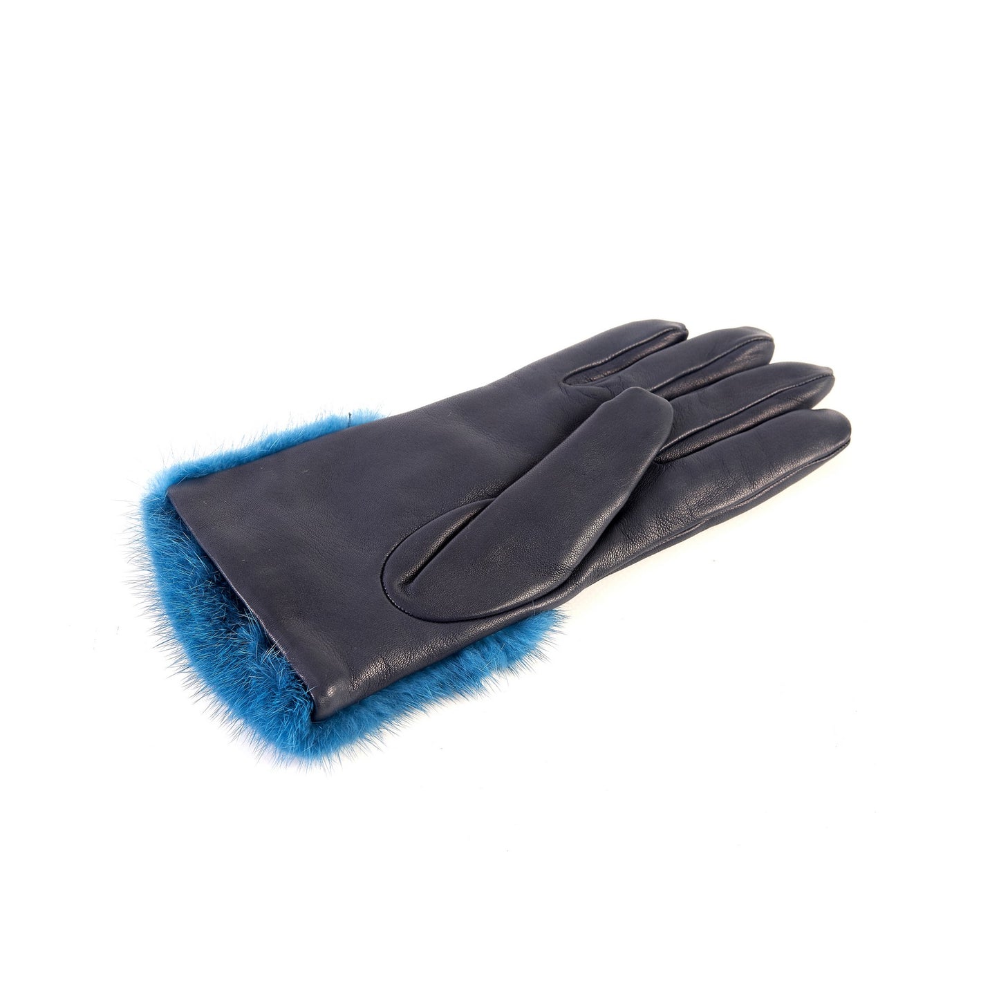 Women's blue marine nappa leather gloves with a wide real fur panel on the top and cashmere lined